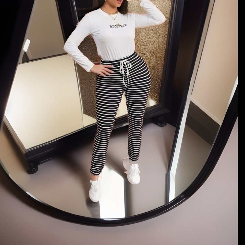 Black & White Striped W/White Drawstring Comfortable elastic Waist & Ankles Pant